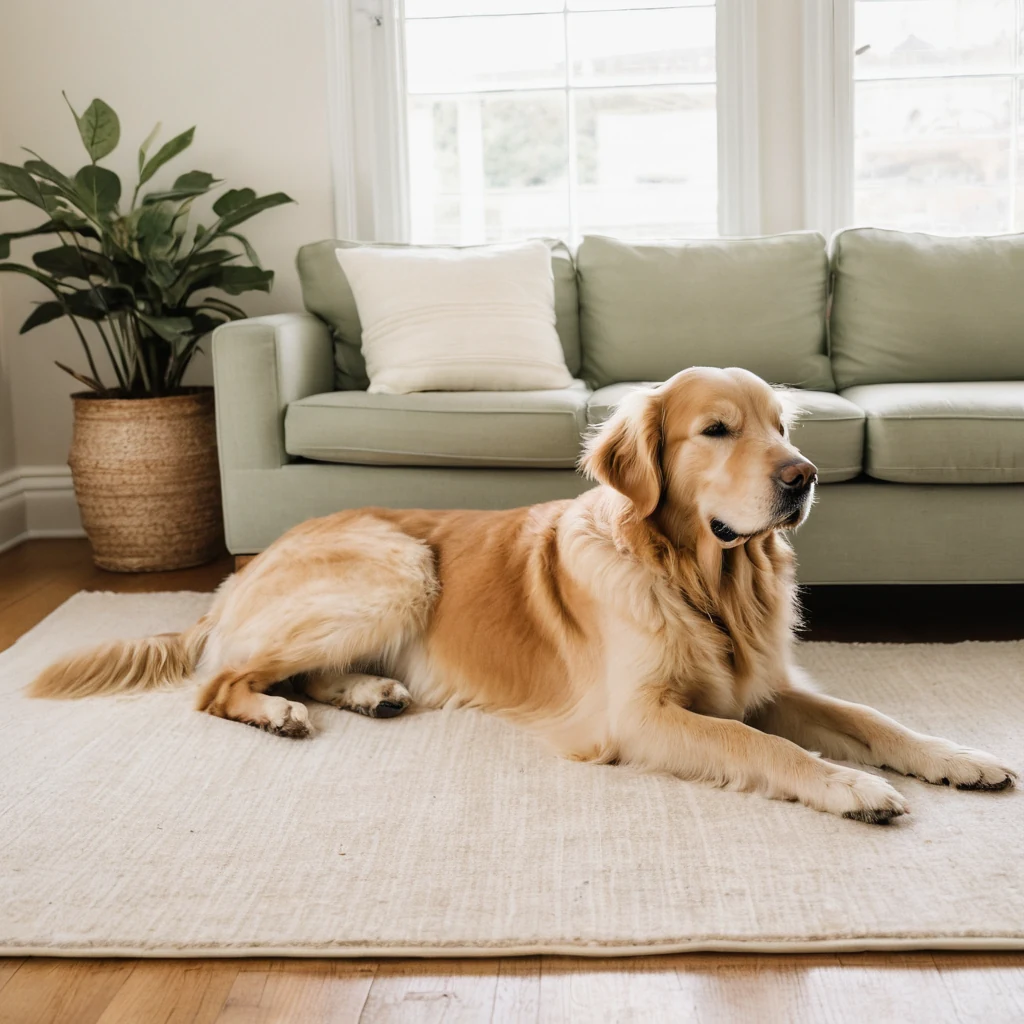 AI-generated golden retriever resting in a softly lit home